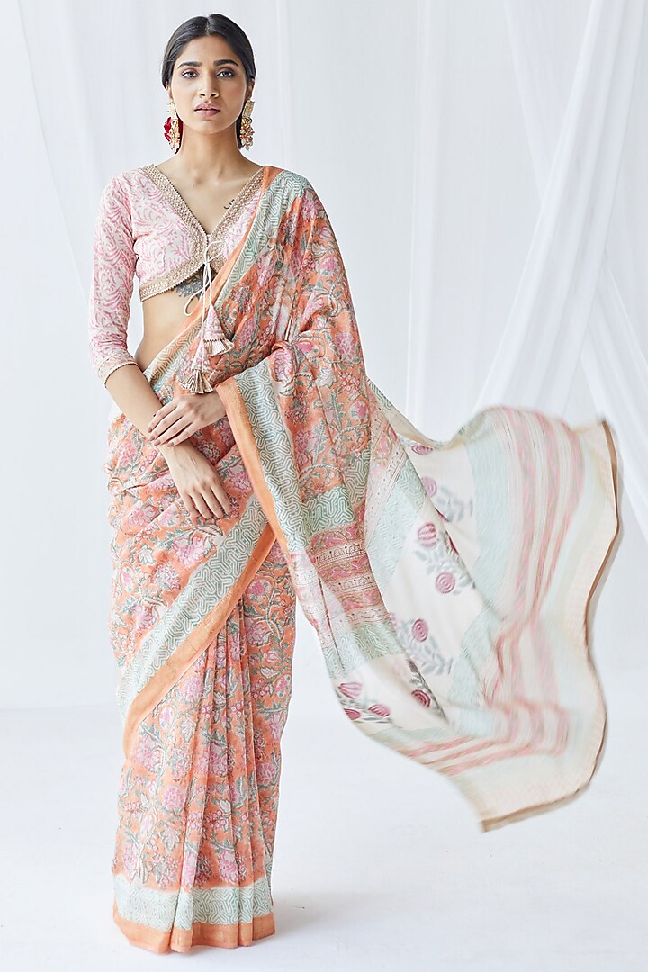 Peach Chanderi Silk Printed Saree Set by Old Marigold