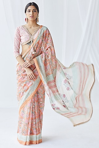 Peach Chanderi Silk Printed Saree Set by Old Marigold