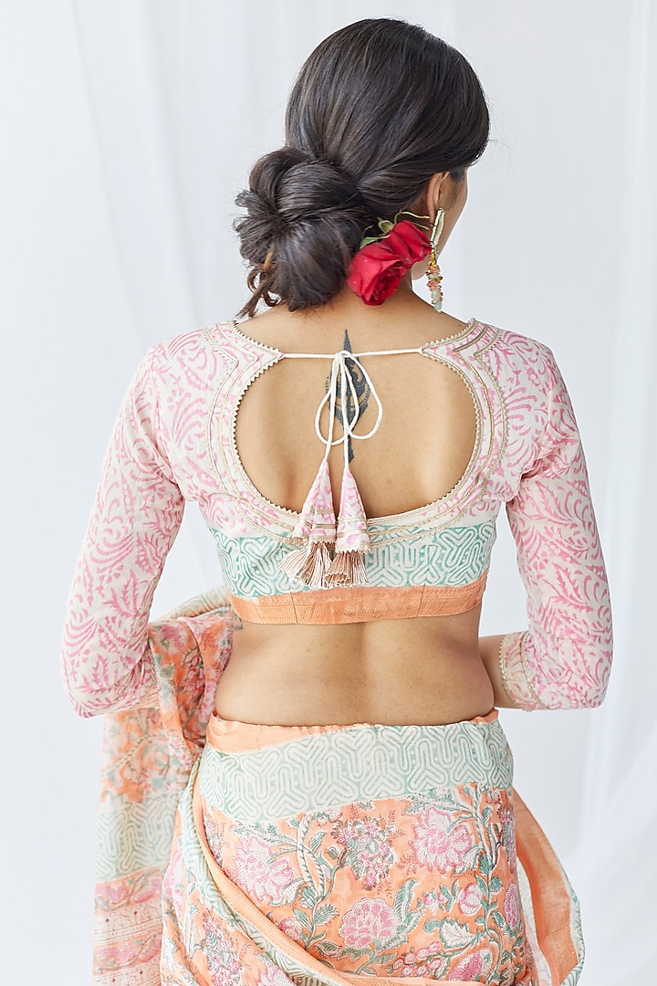 Peach Chanderi Silk Printed Festive Saree Set by Old Marigold at Pernia's Pop Up Shop