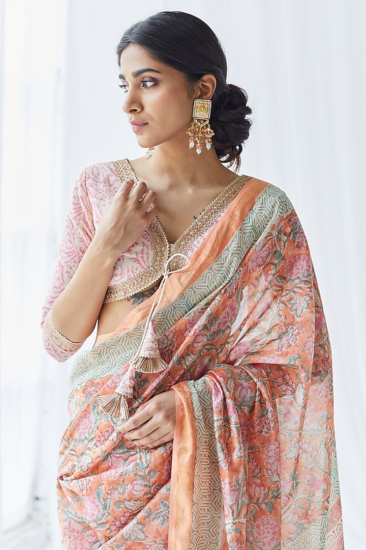 Peach Chanderi Silk Printed Festive Saree Set by Old Marigold at Pernia's Pop Up Shop