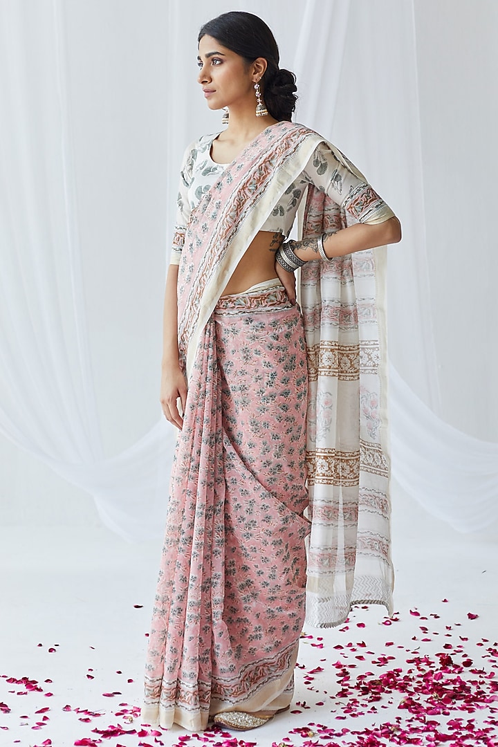 Pink Chanderi Silk Printed Saree Set by Old Marigold