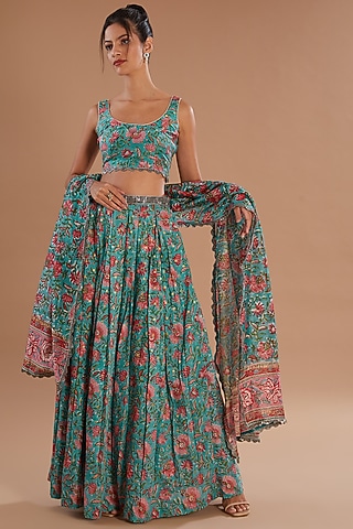 Blue Chanderi Silk Metallic Embroidered Pleated Lehenga Set by Old Marigold
