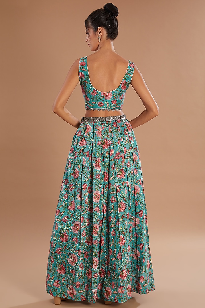 Blue Chanderi Silk Metallic Embroidered Pleated Lehenga Set by Old Marigold at Pernia's Pop Up Shop