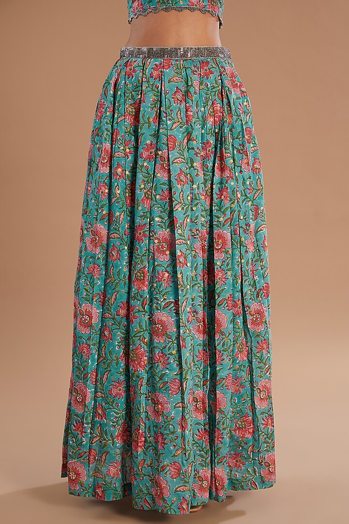Blue Chanderi Silk Metallic Embroidered Pleated Lehenga Set by Old Marigold at Pernia's Pop Up Shop
