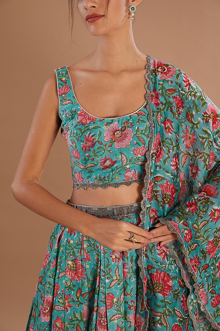 Blue Chanderi Silk Metallic Embroidered Pleated Lehenga Set by Old Marigold at Pernia's Pop Up Shop