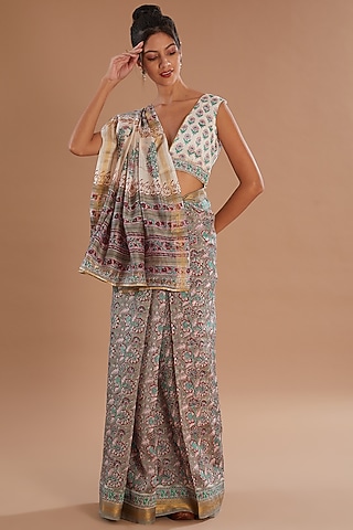 Grey Chanderi Silk Hand Block Printed Saree Set by Old Marigold