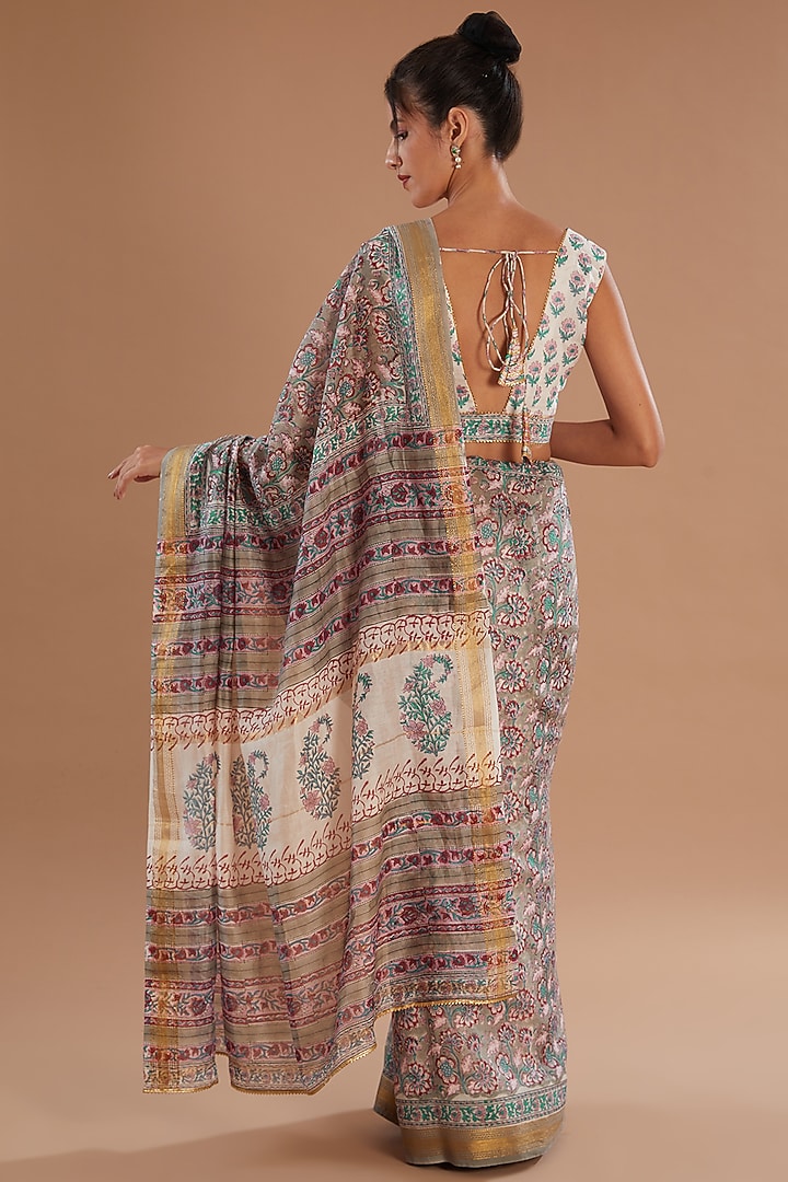 Grey Chanderi Silk Hand Block Printed Festive Saree Set by Old Marigold at Pernia's Pop Up Shop