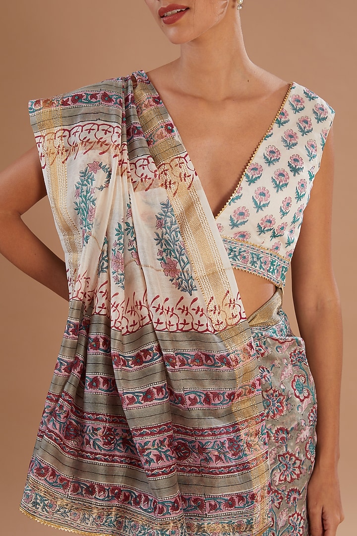 Grey Chanderi Silk Hand Block Printed Festive Saree Set by Old Marigold at Pernia's Pop Up Shop
