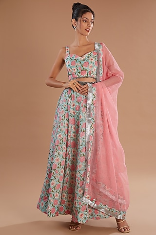 Multi-Colored Chanderi Silk Hand Block Printed Kalidar Lehenga Set by Old Marigold