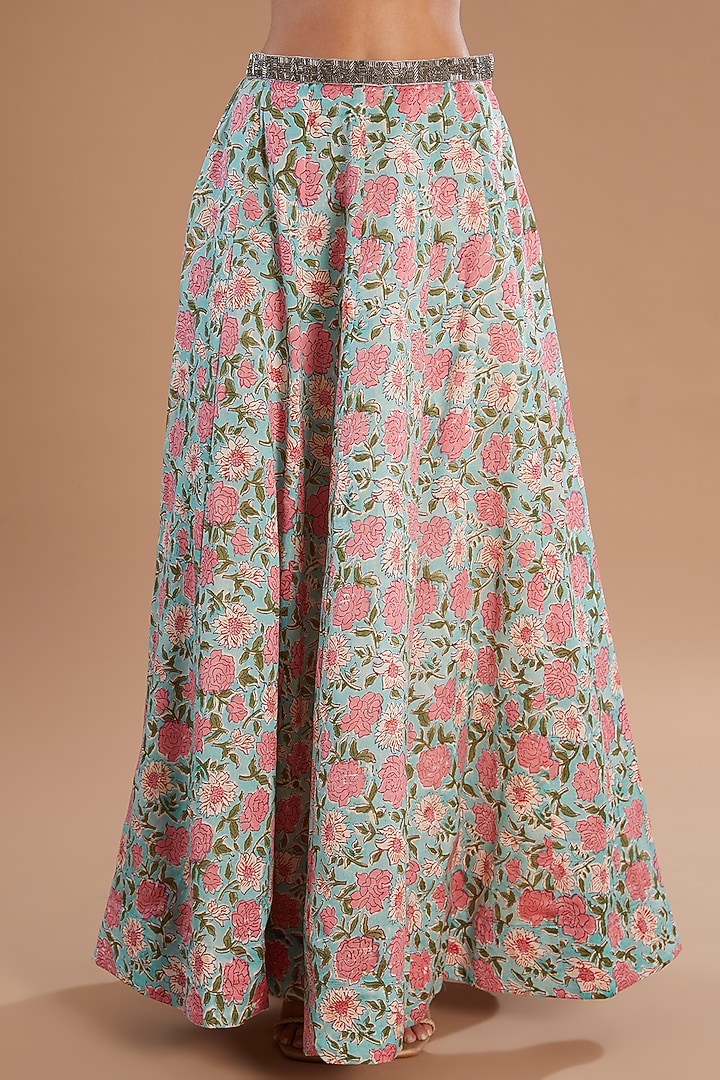 Multi-Colored Chanderi Silk Hand Block Printed Kalidar Lehenga Set by Old Marigold at Pernia's Pop Up Shop