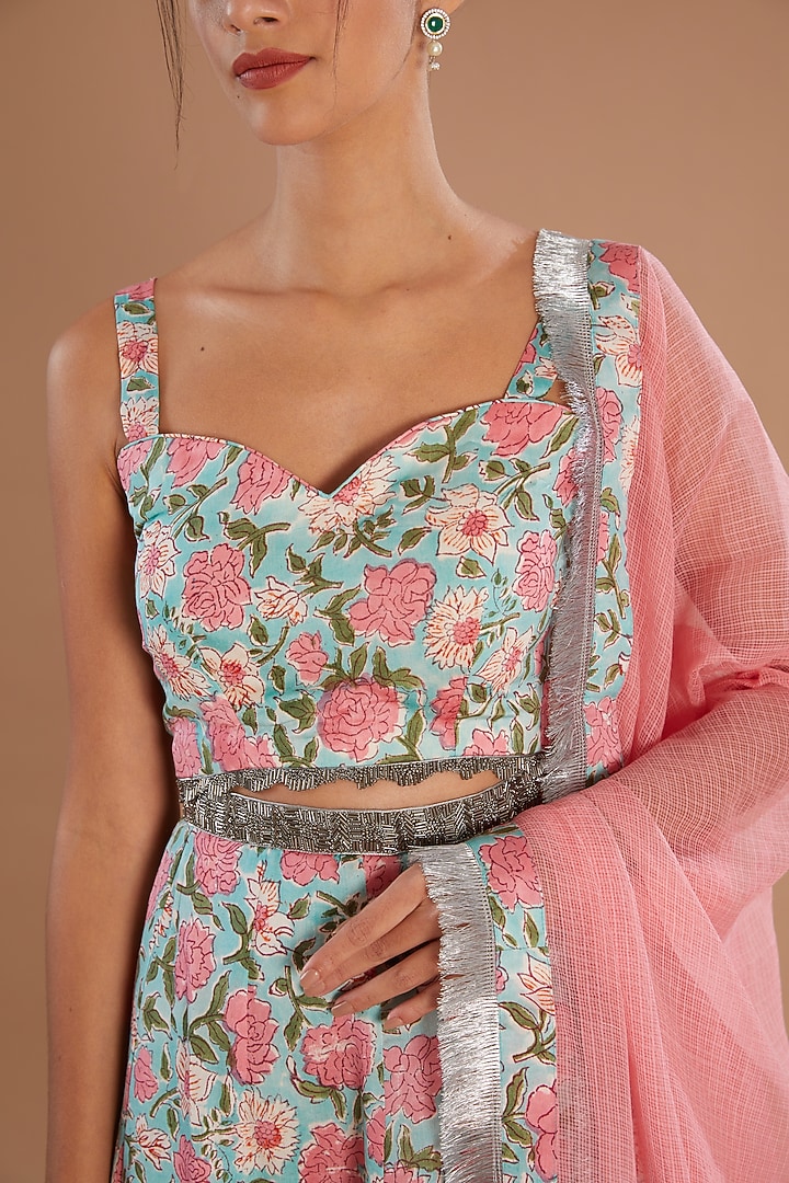 Multi-Colored Chanderi Silk Hand Block Printed Kalidar Lehenga Set by Old Marigold at Pernia's Pop Up Shop