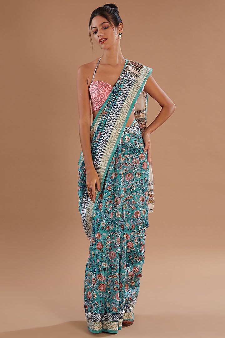 Blue Chanderi Silk Hand Block Printed Saree Set by Old Marigold