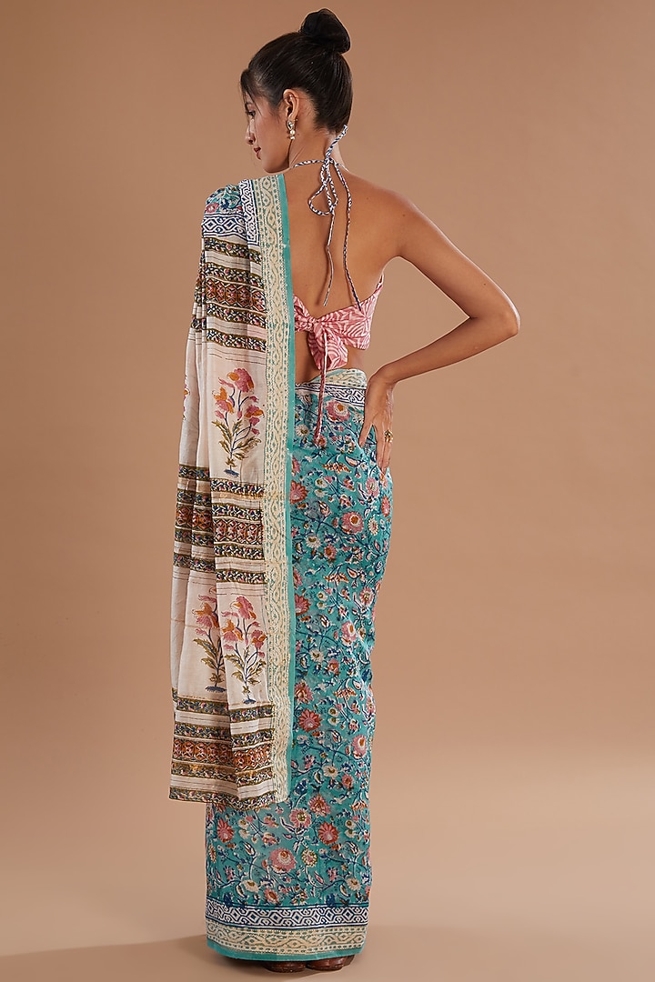 Blue Chanderi Silk Hand Block Printed Festive Saree Set by Old Marigold at Pernia's Pop Up Shop