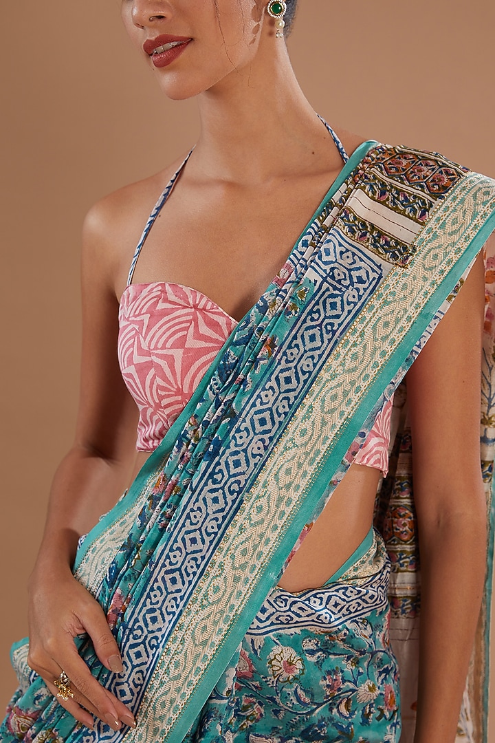 Blue Chanderi Silk Hand Block Printed Festive Saree Set by Old Marigold at Pernia's Pop Up Shop