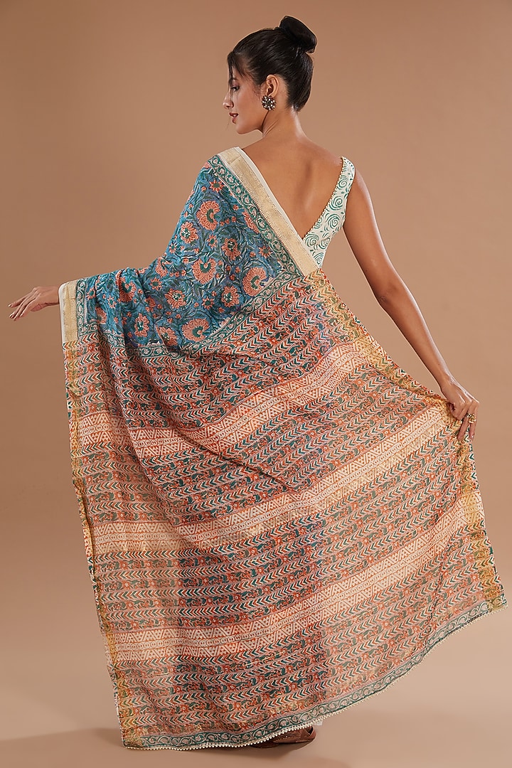 Blue Chanderi Silk Hand Block Printed Festive Saree Set by Old Marigold at Pernia's Pop Up Shop