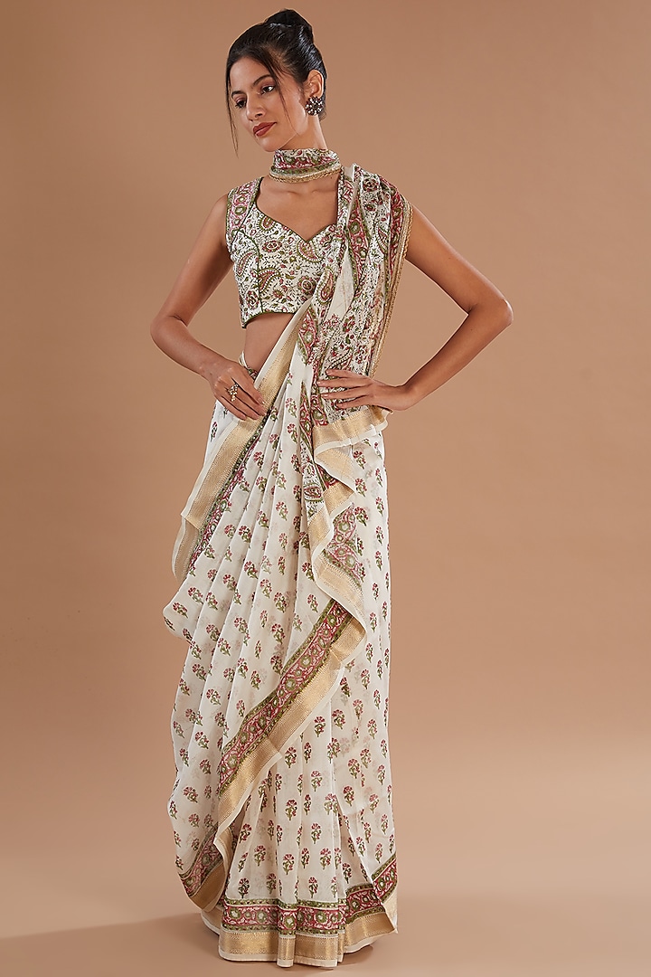 Ivory Chanderi Silk Hand Block Printed Saree Set by Old Marigold
