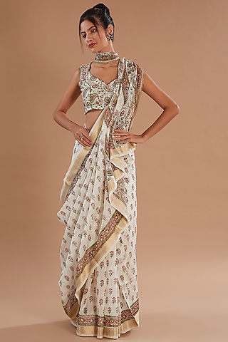 Ivory Chanderi Silk Hand Block Printed Saree Set by Old Marigold