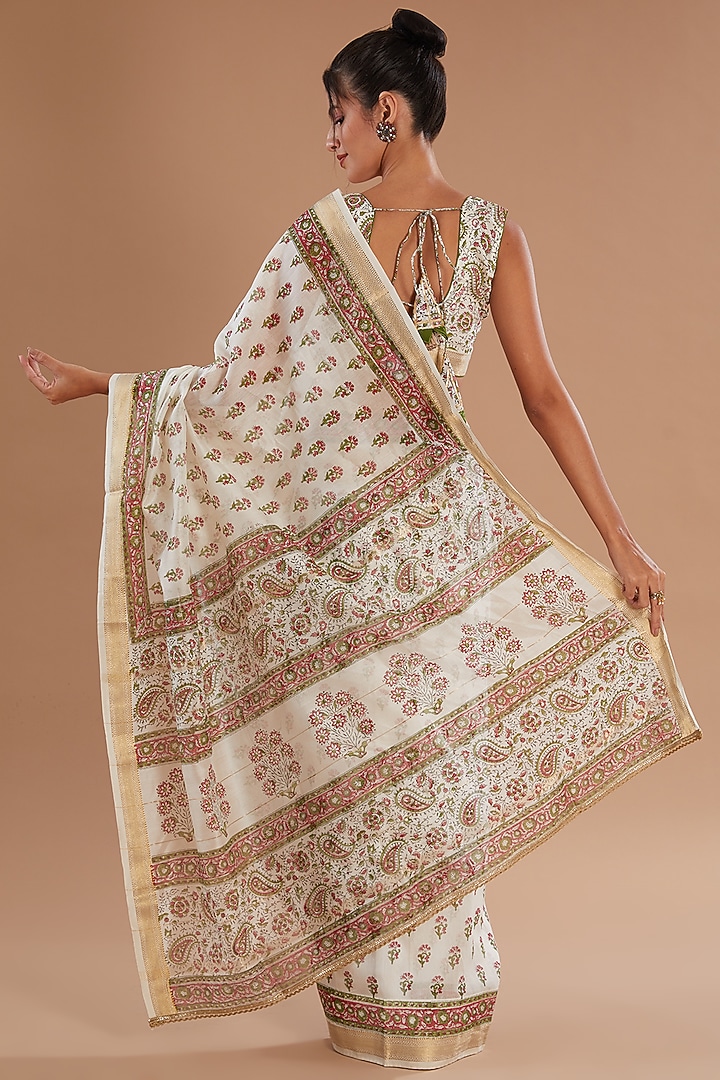 Ivory Chanderi Silk Hand Block Printed Festive Saree Set by Old Marigold at Pernia's Pop Up Shop