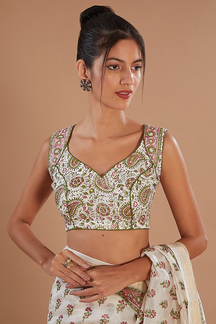 Ivory Chanderi Silk Hand Block Printed Festive Saree Set by Old Marigold at Pernia's Pop Up Shop