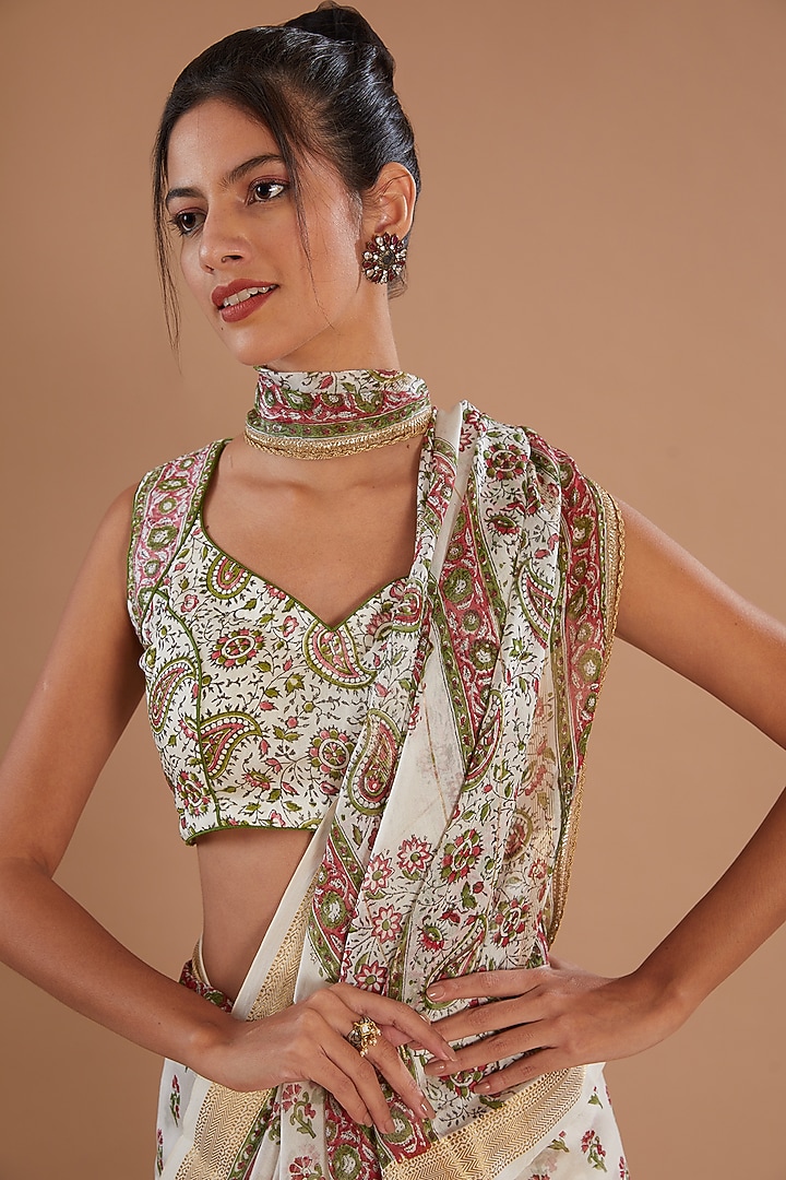 Ivory Chanderi Silk Hand Block Printed Festive Saree Set by Old Marigold at Pernia's Pop Up Shop