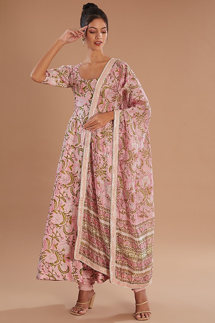 White & Pink Chanderi Silk Anarkali Set by Old Marigold