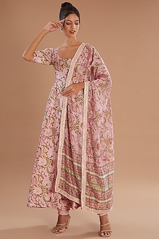 White & Pink Chanderi Silk Anarkali Set by Old Marigold