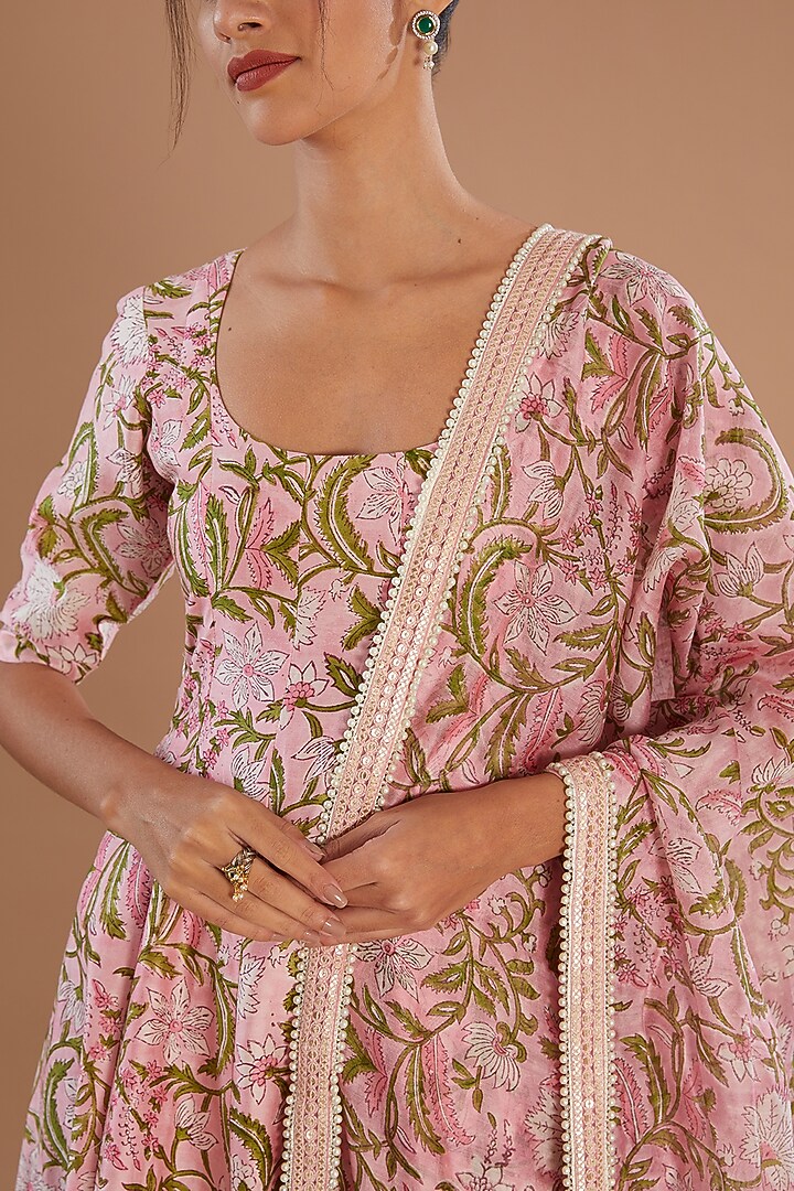 White & Pink Chanderi Silk Anarkali Set by Old Marigold at Pernia's Pop Up Shop
