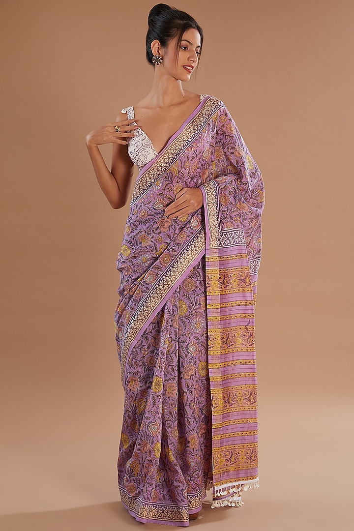 Purple Chanderi Silk Hand Block Printed Saree Set by Old Marigold