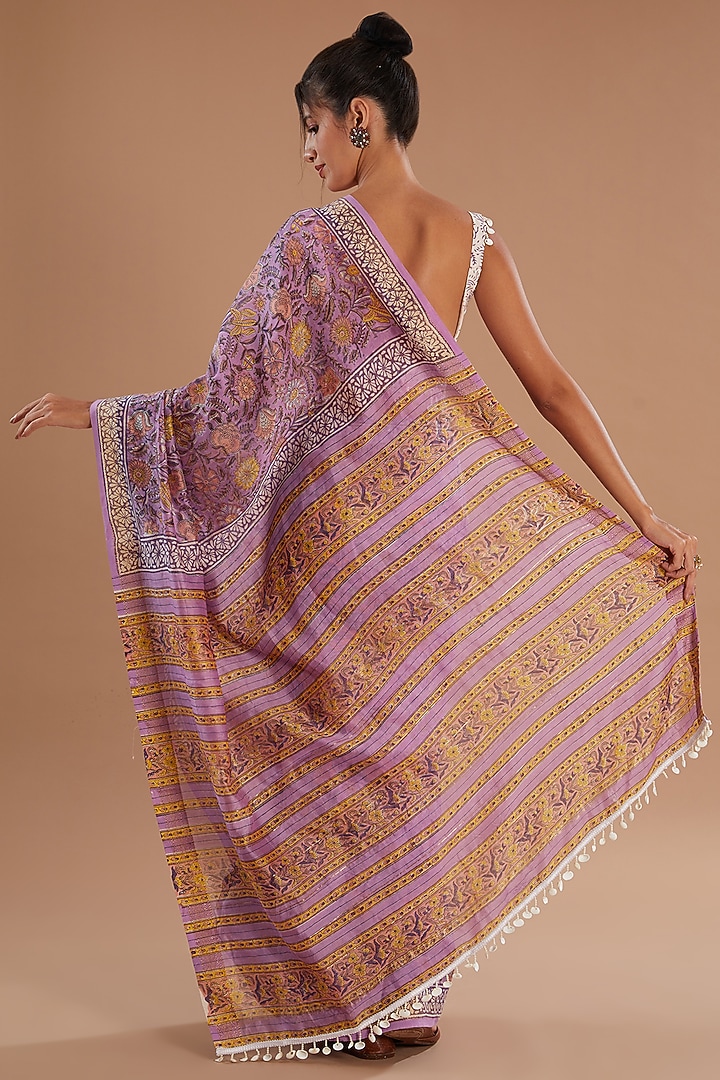 Purple Chanderi Silk Hand Block Printed Festive Saree Set by Old Marigold at Pernia's Pop Up Shop