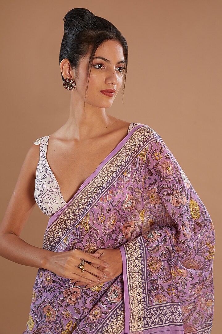 Purple Chanderi Silk Hand Block Printed Festive Saree Set by Old Marigold at Pernia's Pop Up Shop