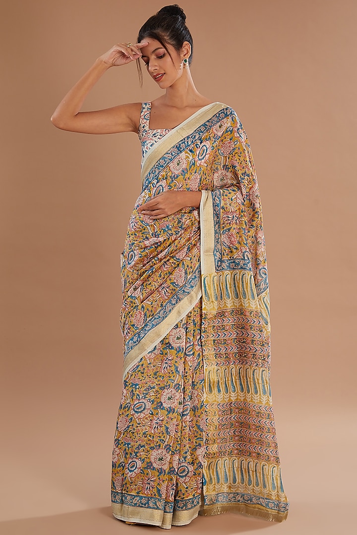 Yellow Chanderi Silk Hand Block Printed Saree Set by Old Marigold