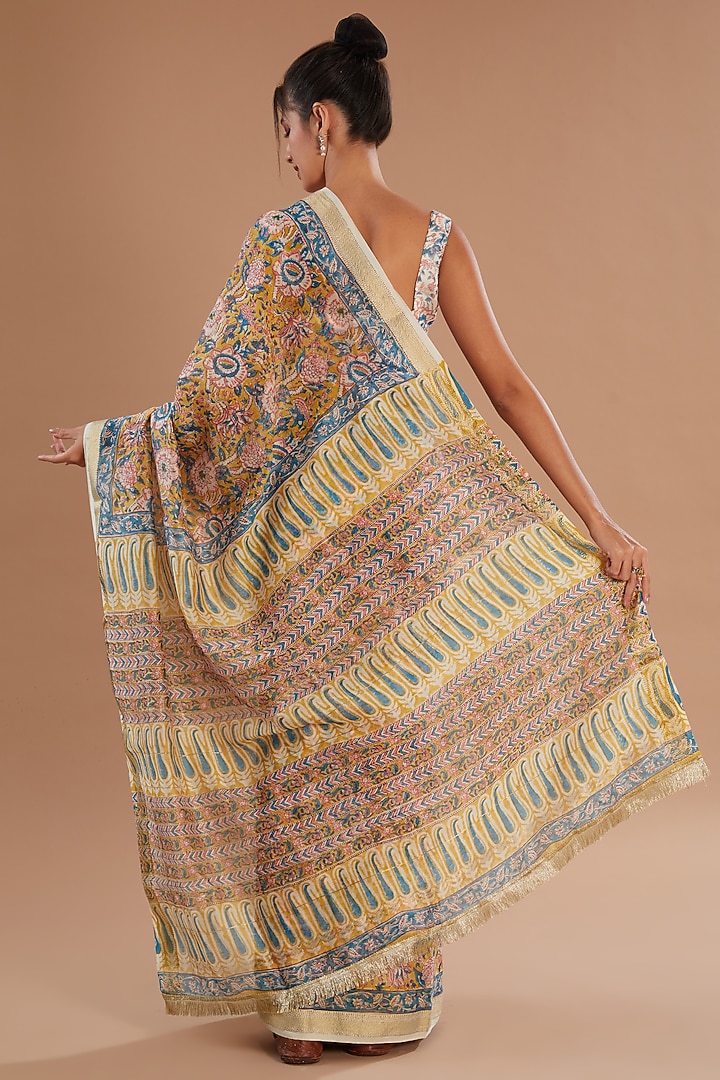 Yellow Chanderi Silk Hand Block Printed Festive Saree Set by Old Marigold at Pernia's Pop Up Shop