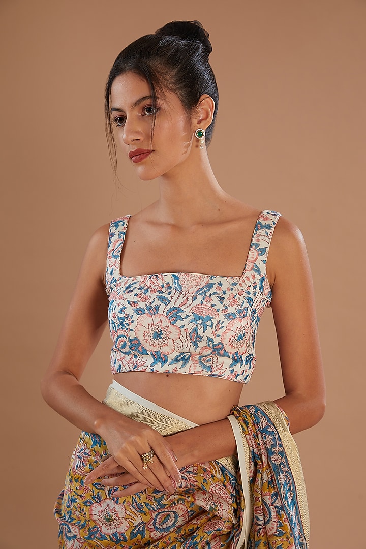 Yellow Chanderi Silk Hand Block Printed Festive Saree Set by Old Marigold at Pernia's Pop Up Shop