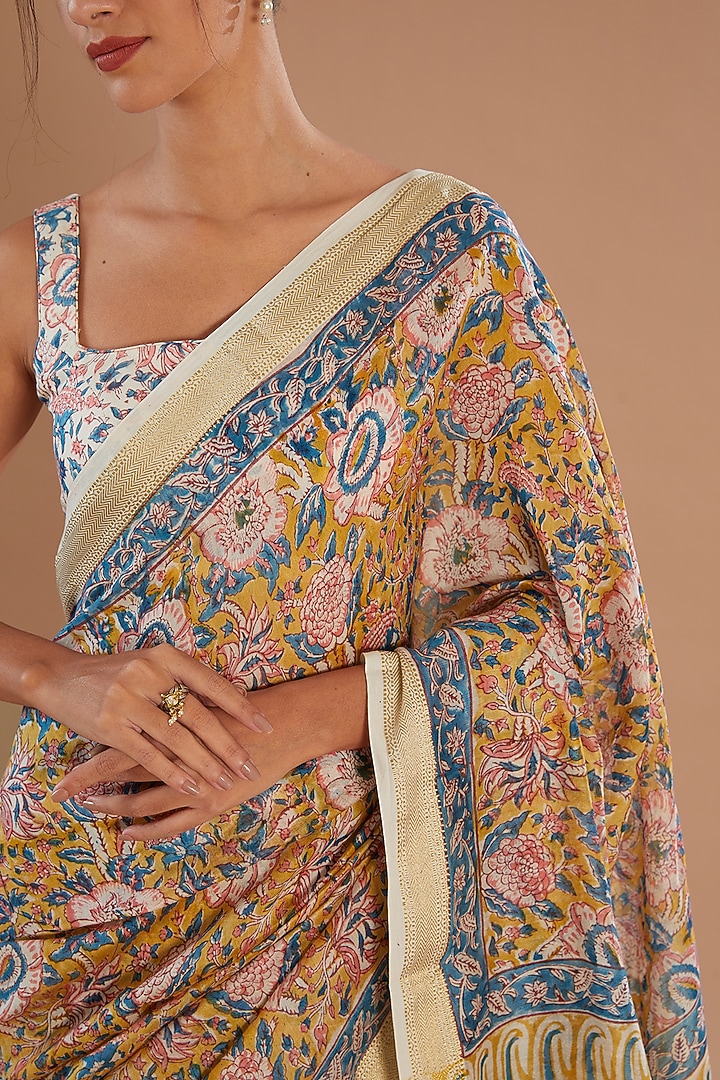 Yellow Chanderi Silk Hand Block Printed Festive Saree Set by Old Marigold at Pernia's Pop Up Shop