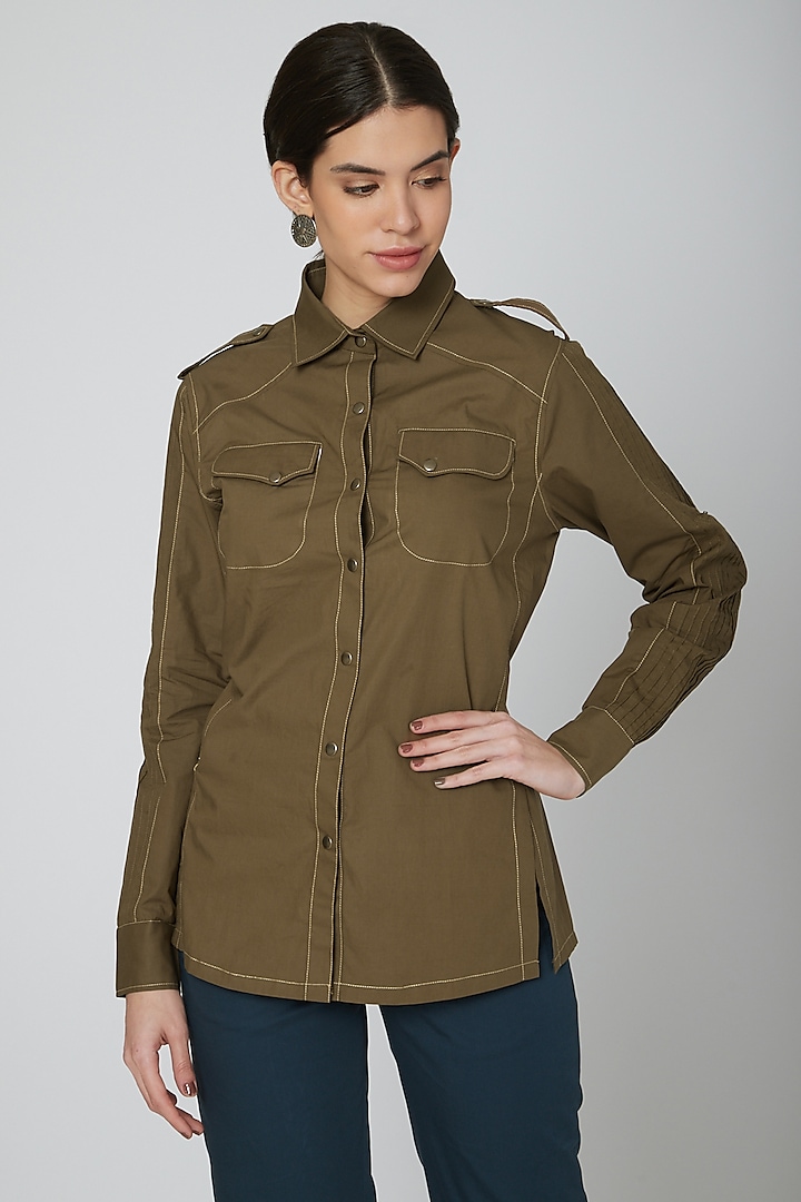 Olive Green Shirt With Stitch Lines by Our Love