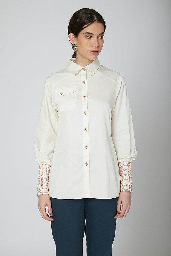 Off White Lace Embroidered Shirt by Our Love