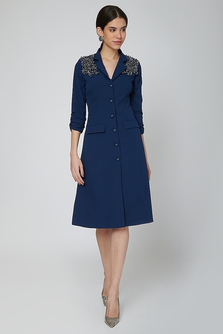 Midnight Blue Embroidered Blazer Dress by Our Love