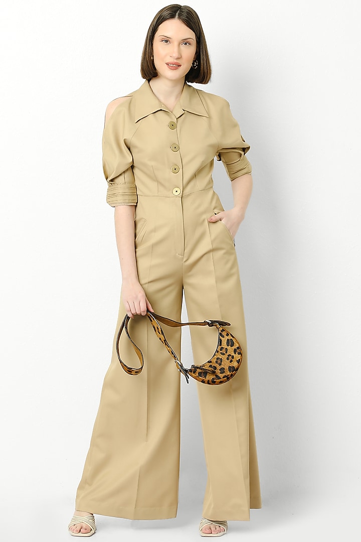 Beige Flared Jumpsuit by Our Love at Pernia's Pop Up Shop