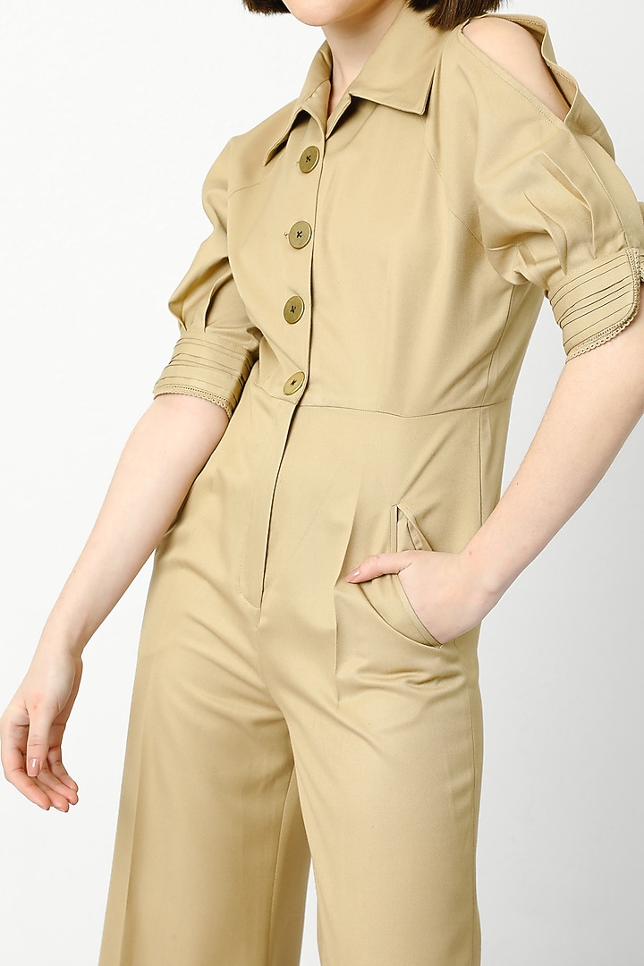 Beige Flared Jumpsuit by Our Love at Pernia's Pop Up Shop