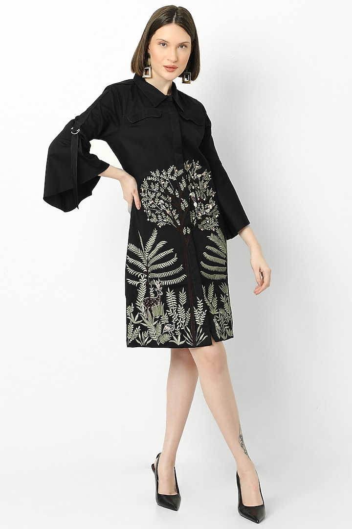 Black Hand Embroidered Shirt Dress by Our Love