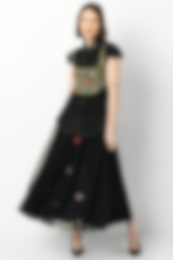 Smoke Green Hand Embroidered Waist Jacket With Shirt by Our Love at Pernia's Pop Up Shop