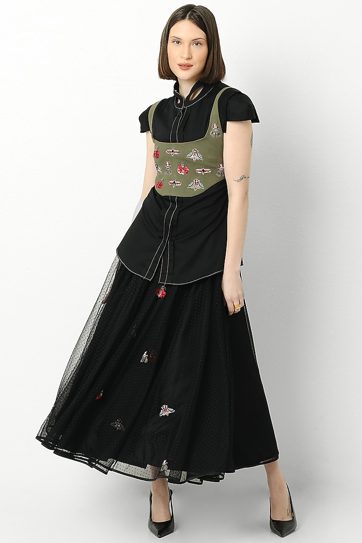 Black Hand Embroidered Skirt Set With Smoke Green Waist Jacket by Our Love