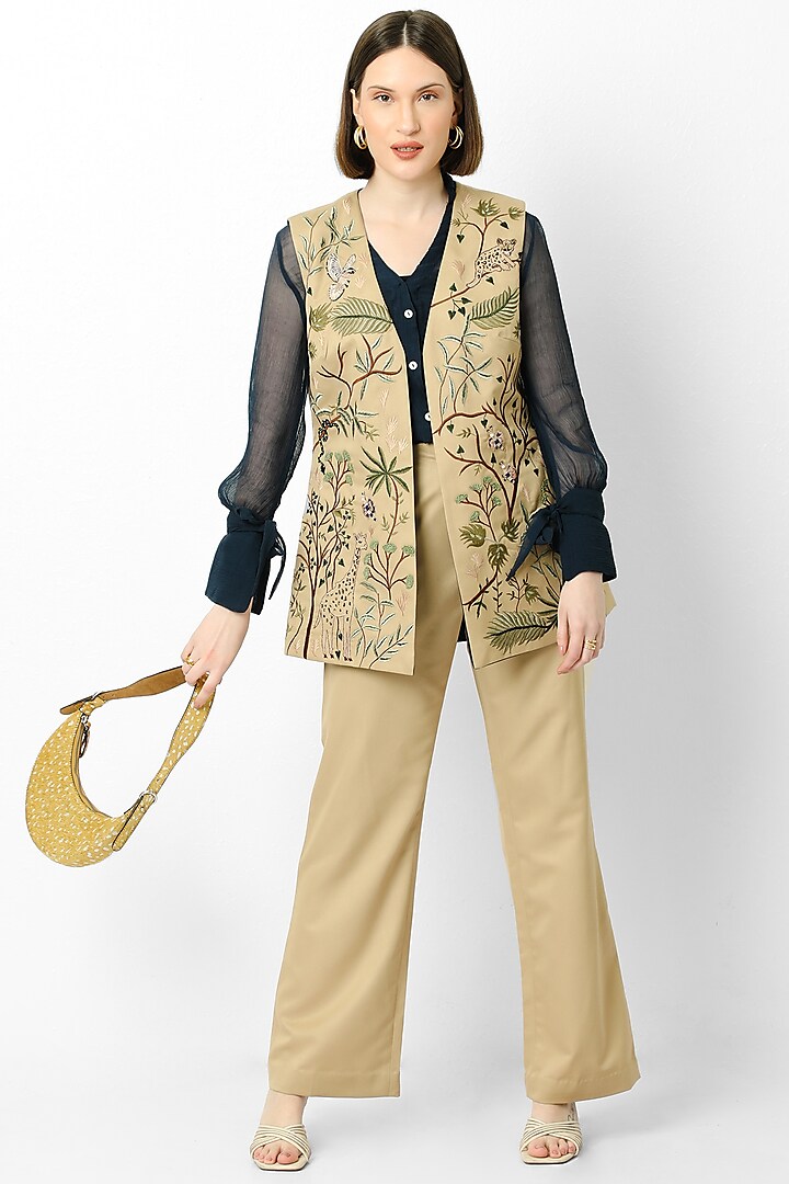 Beige Embroidered Jacket Set by Our Love