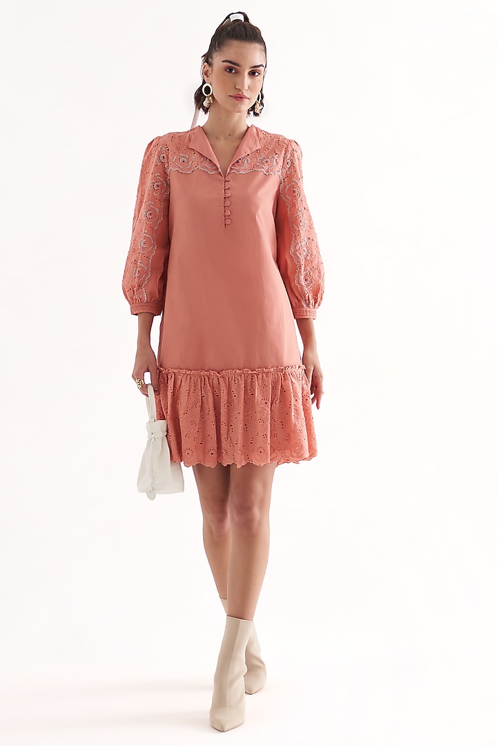Pink Schiffli & Cotton Poplin Hand Embroidered Mini Dress by Our Love