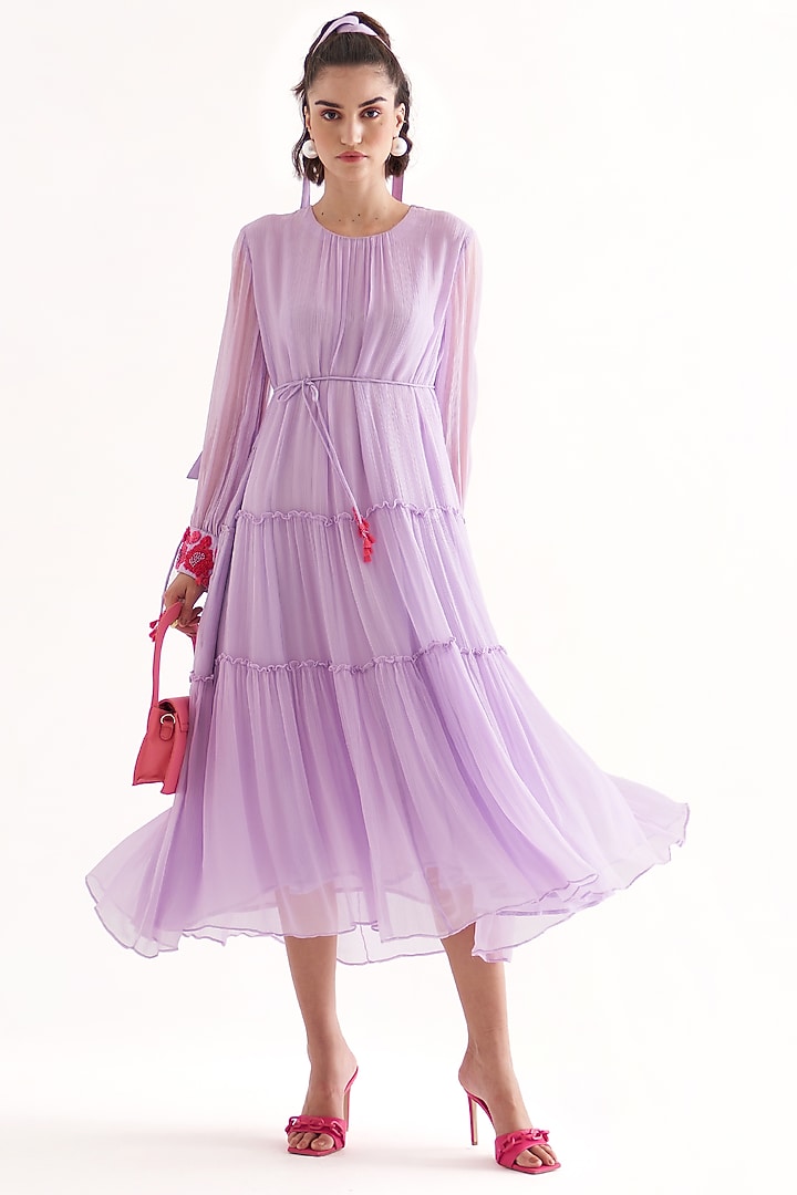 Lilac Crinkle Chiffon Embroidered Midi Summer Dress by Our Love at Pernia's Pop Up Shop