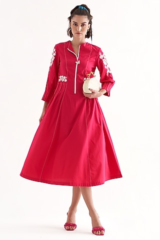 Fuchsia Cotton Poplin Embroidered Midi Dress by Our Love