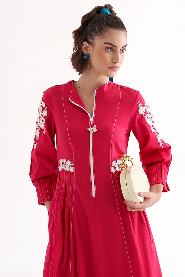 Fuchsia Cotton Poplin Embroidered Midi Summer Dress by Our Love at Pernia's Pop Up Shop