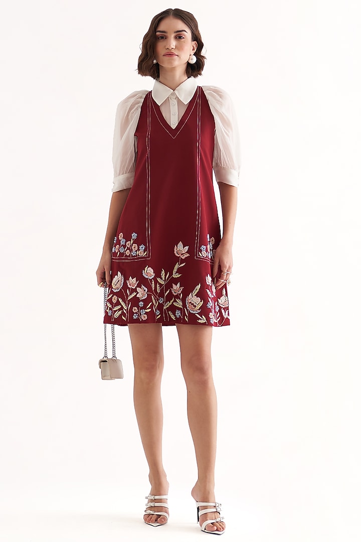 Plum Banana Crepe & Organza Embroidered Mini Dress by Our Love