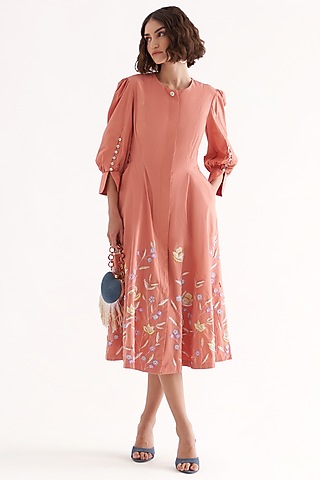 Pink Cotton Poplin Embroidered A-Line Midi Dress by Our Love