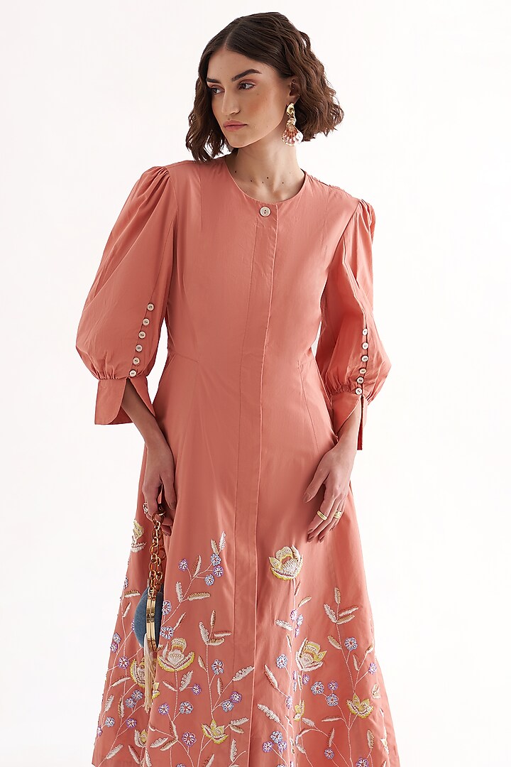 Pink Cotton Poplin Embroidered A-Line Midi Vacation Dress by Our Love at Pernia's Pop Up Shop